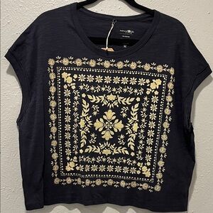 Natural Life Dark Blue Tee with Gold Floral Pattern